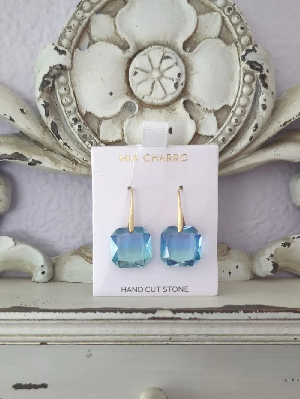 Blue Green Ombre Stone Crystal Drop Earrings Gold Tone Hooks